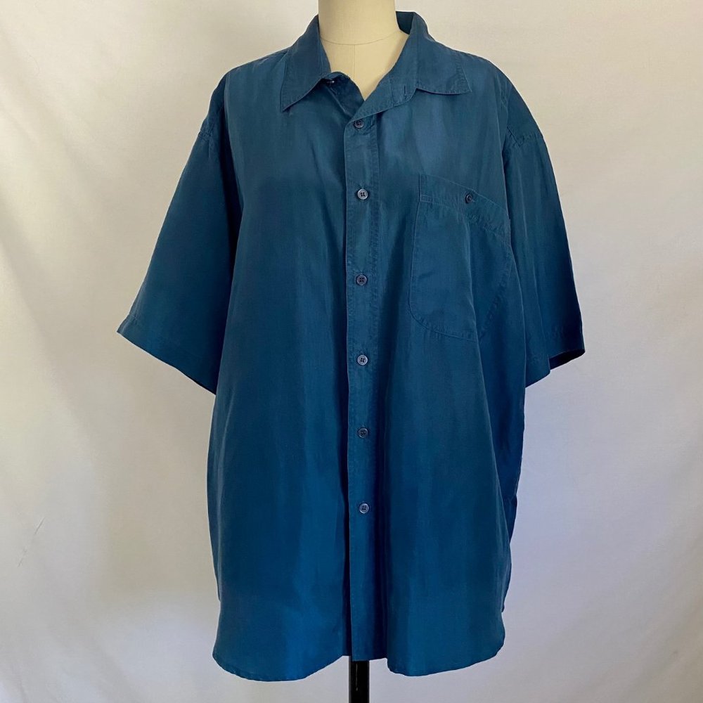 Vtg Basic Editions Teal Silk Button Down Blouse - image 4